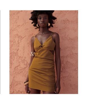 Zara Women's Cut-Out Rushed Stretchy Mini Dress Mustard M Graduation Boho Sunset